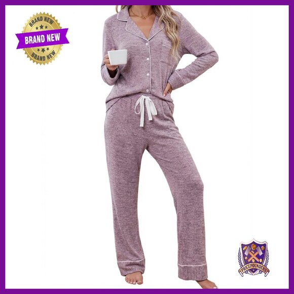 Soft Long Sleeve Pajama Set Button Up Shirt Lounge Pants